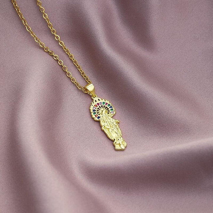 Collier avec pendentif vierge marie et auréoles pierres multicolores en plaqué or - MonPendentif