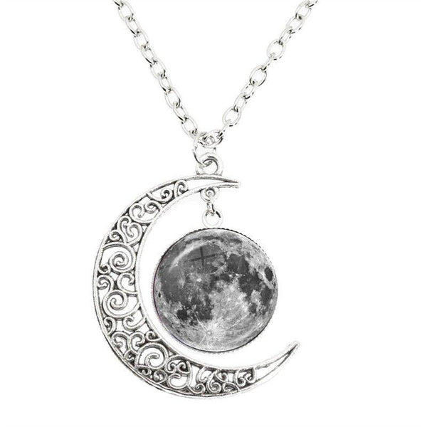 Collier croissant de lune strass et pleine lune / nouvelle lune dôme en verre - MonPendentif