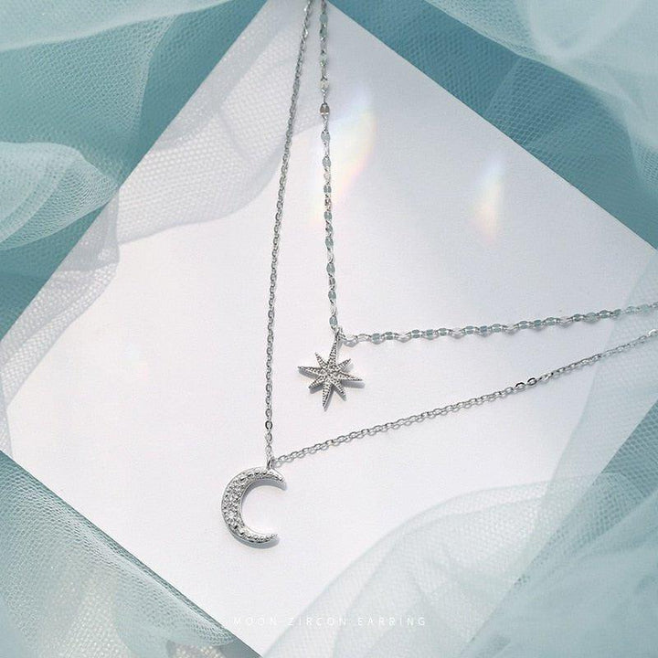 Collier double chaîne pendentif lune et étoile à strass - MonPendentif