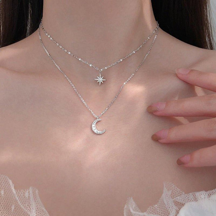 Collier double chaîne pendentif lune et étoile à strass - MonPendentif