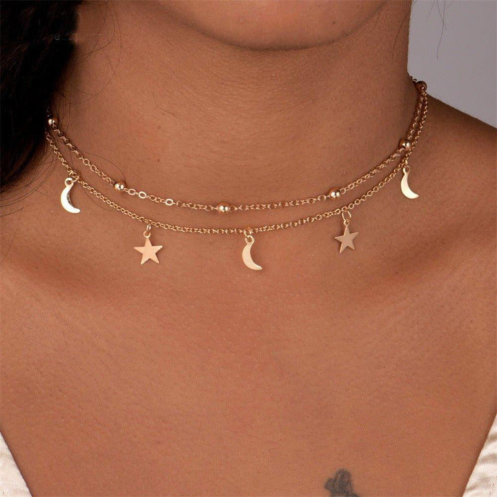 Collier double chaîne pendentif lunes et étoiles plaqué or / argent - MonPendentif