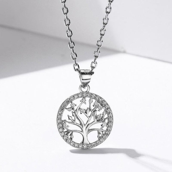 Collier pendentif arbre de vie rond en argent 925 avec strass - MonPendentif