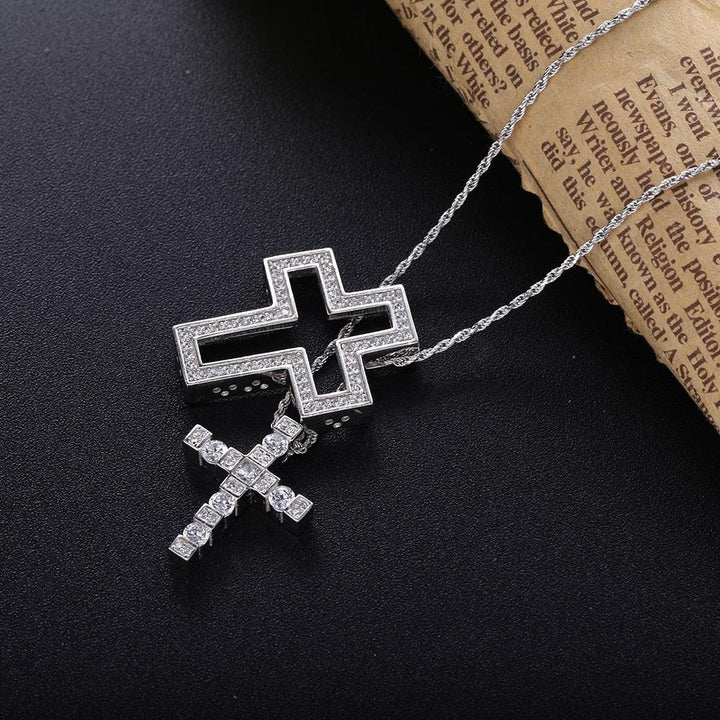 Collier pendentif croix double en strass brillants et pierres en argent Sterling 925 - MonPendentif