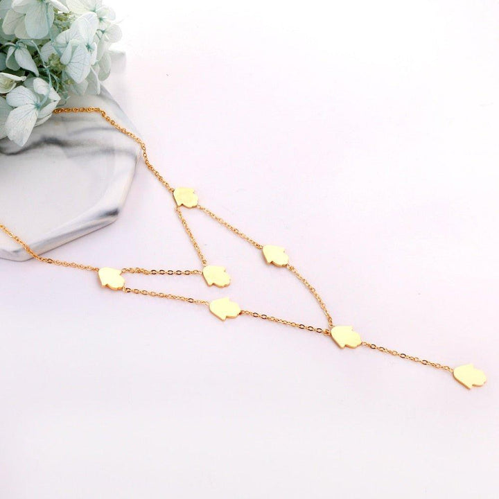 Collier pendentif double chaîne en V mains de fatma plaqué or - MonPendentif
