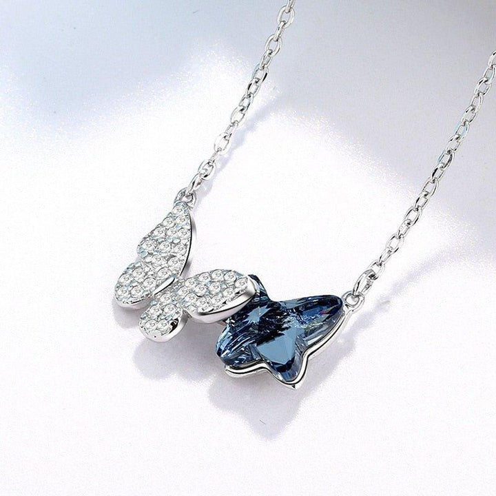 Collier pendentif double papillon bleu et strass en argent 925 - MonPendentif