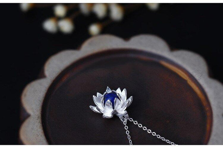 Collier pendentif fleur de lotus pierre lapis lazuli bleu argent 925 - MonPendentif