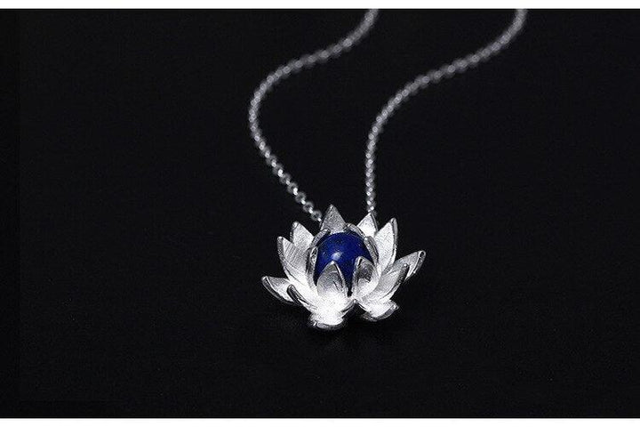 Collier pendentif fleur de lotus pierre lapis lazuli bleu argent 925 - MonPendentif