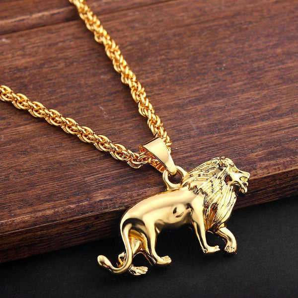 Collier pendentif lion longue chaine plaqué or - MonPendentif