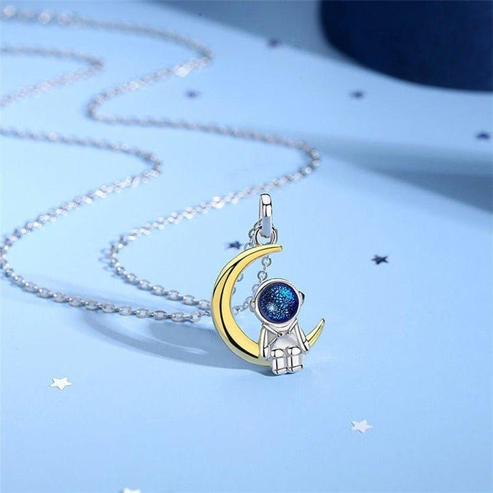 Collier pendentif lune astronaute en argent 925 - MonPendentif