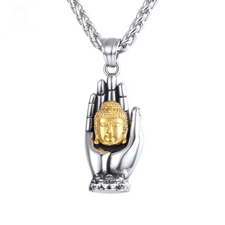 Collier pendentif main tenant une tête de Bouddha plaqué argent / or - MonPendentif