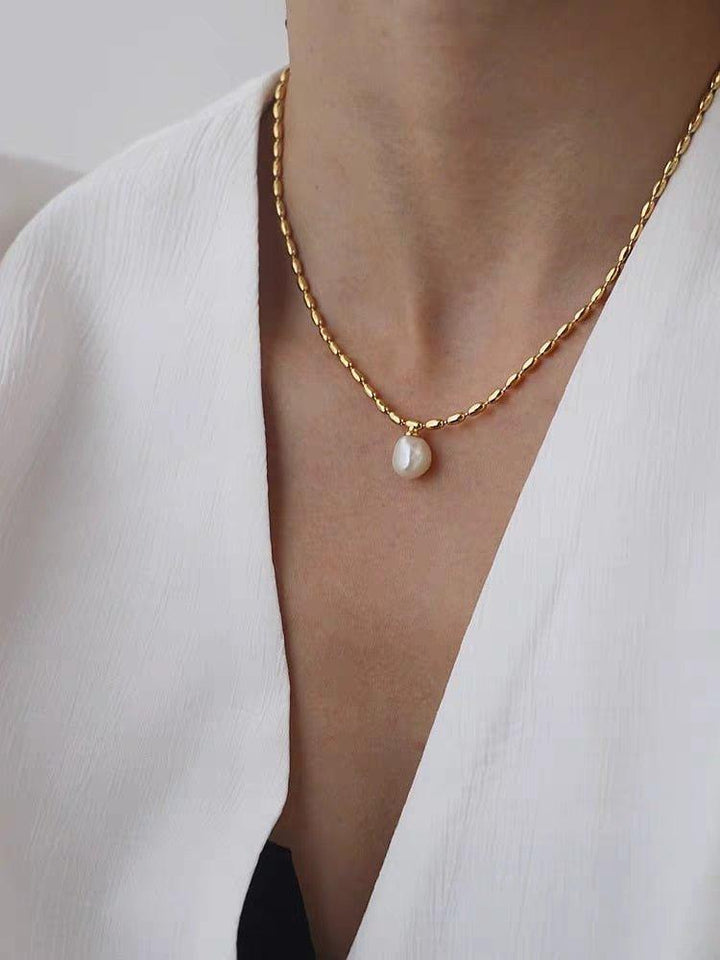 Collier pendentif perle avec chaîne perlée plaqué or - MonPendentif