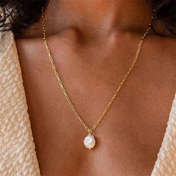 Collier pendentif perle solitaire irrégulier avec chaîne en or plaqué - MonPendentif