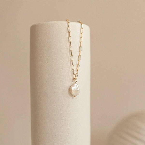 Collier pendentif perle solitaire irrégulier avec chaîne en or plaqué - MonPendentif