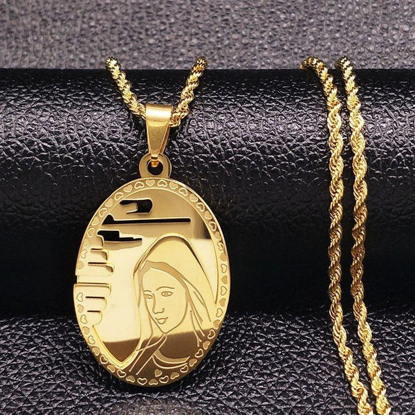Collier pendentif plaque ovale portrait de la vierge Marie plaqué or / argent - MonPendentif