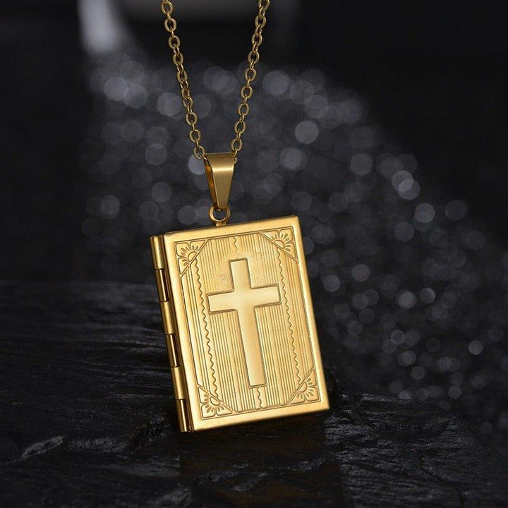 Collier pendentif porte photo croix bible plaqué or - MonPendentif