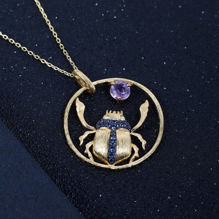 Collier pendentif scarabée en améthyste dans un anneau en argent sterling 925 plaqué or 18K - MonPendentif