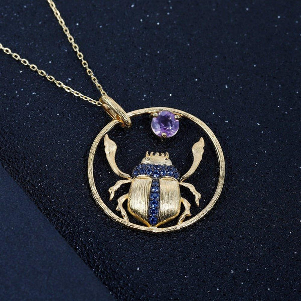 Collier pendentif scarabée en améthyste dans un anneau en argent sterling 925 plaqué or 18K - MonPendentif