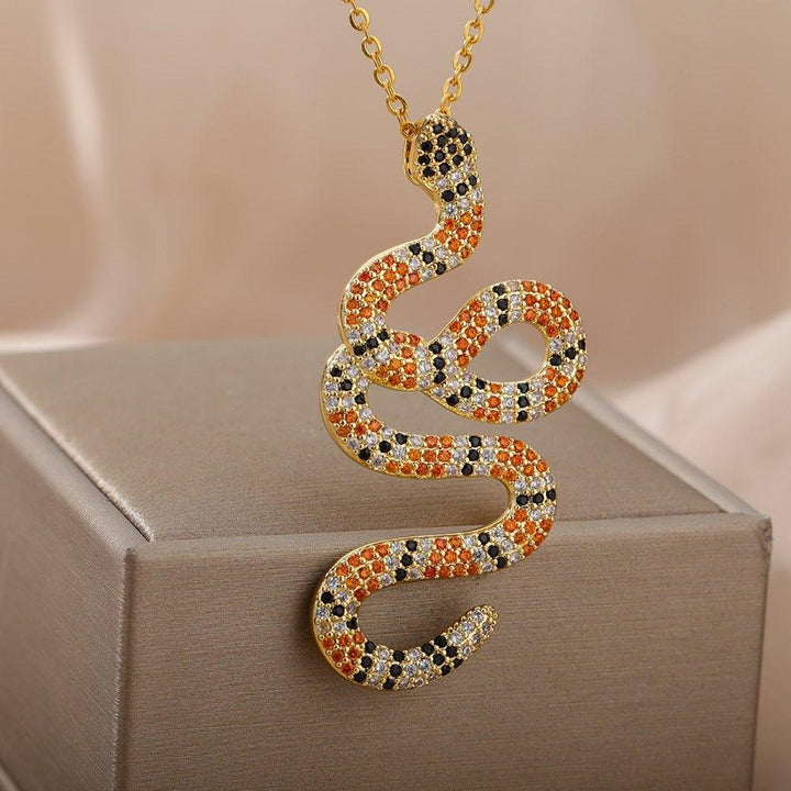 Collier pendentif serpent vintage strass plaqué or - MonPendentif