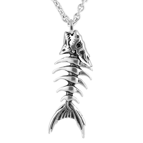 Collier pendentif squelette de poisson rétro plaqué argent - MonPendentif