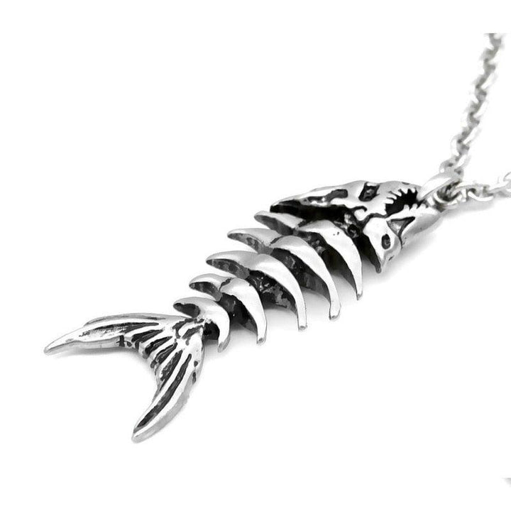 Collier pendentif squelette de poisson rétro plaqué argent - MonPendentif