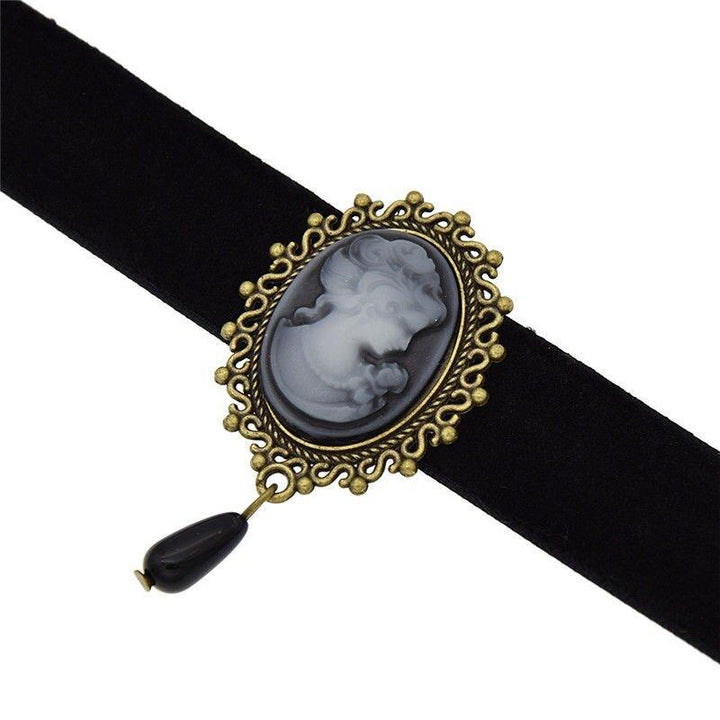 Collier style gothique ras de cou en tissu avec pendentif portrait en camé - MonPendentif